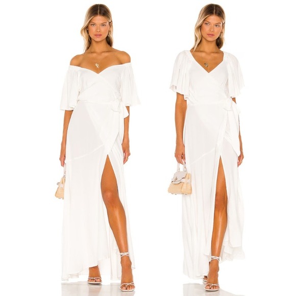 l*space Dresses & Skirts - L*Space White Rayon Wrap Maxi Dress Short Sleeve Off Shoulder M